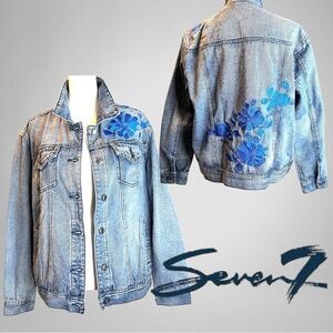 🟦 Seven7 Light Wash Large Denim Jacket with Blue Floral Embroidery 🟦